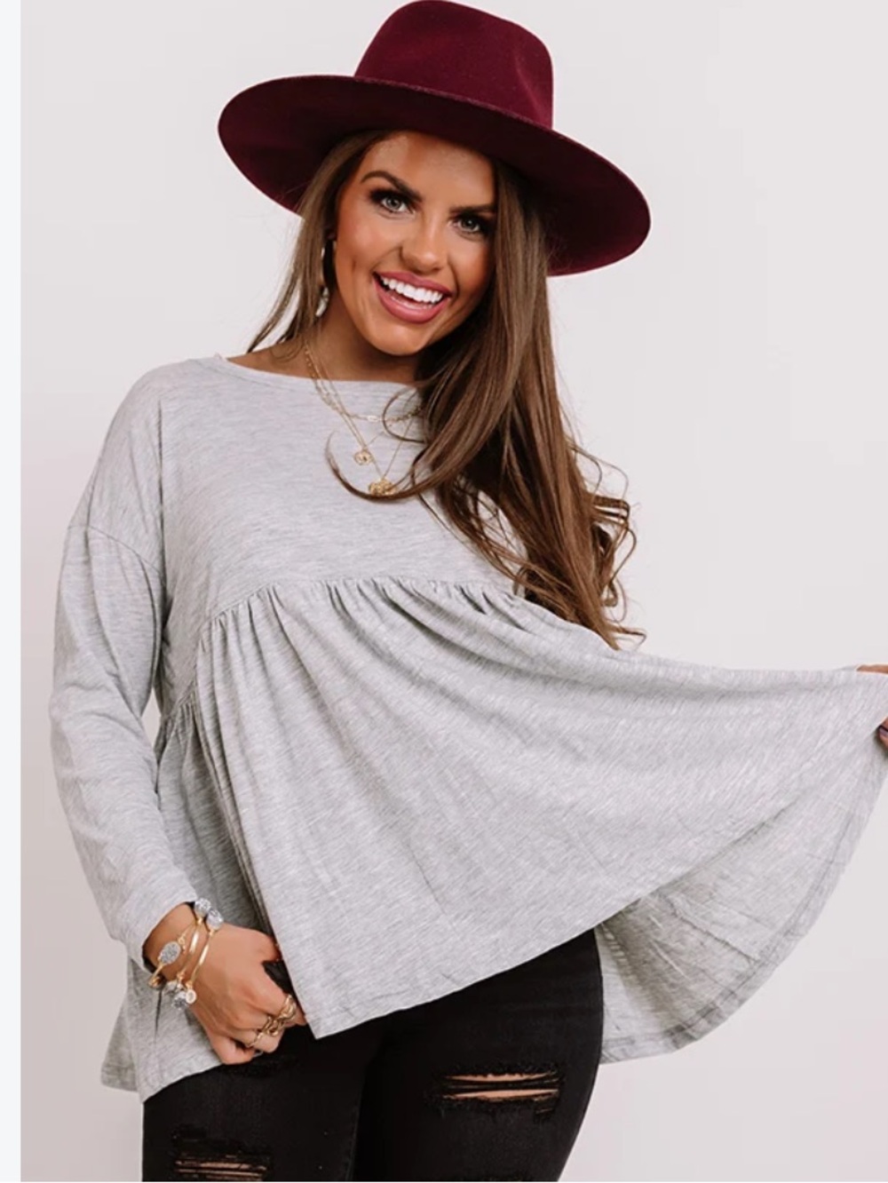 Mustard Seed Heather Gray Babydoll Long-Sleeve Tunic Top